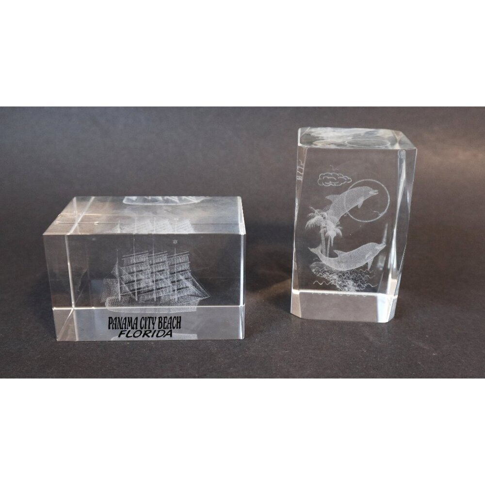 2 Vintage Glass Paper Weight 3D Laser Dolphins & Schooner Ship Souvenir of Flori